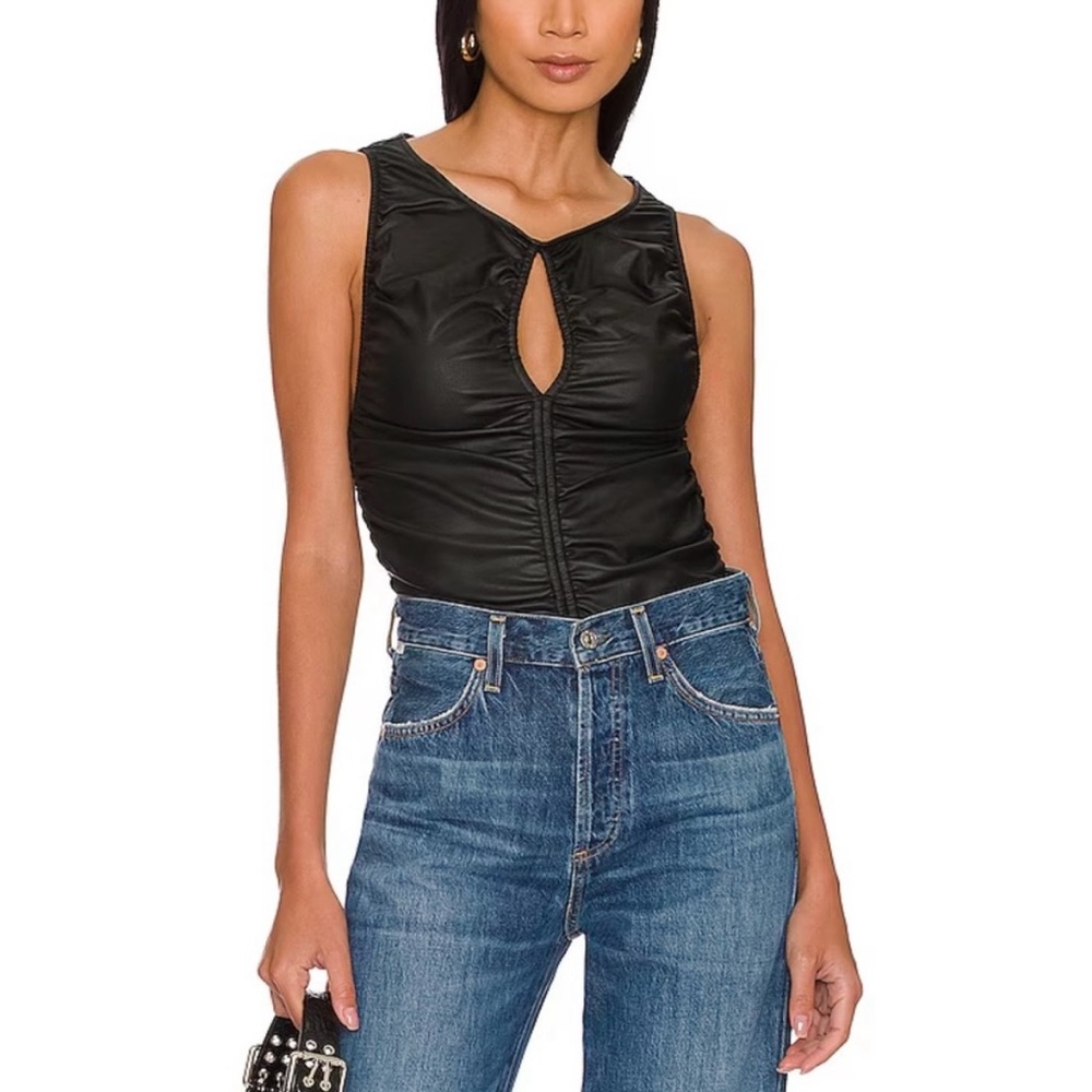 Free People Ride Along Faux Leather Top Sz L In Black NWT